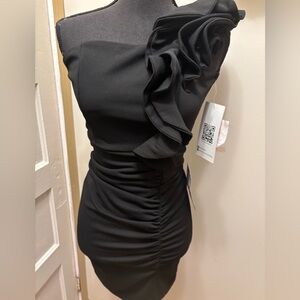 Black One-Shoulder Ruffle Ruched Mini Dress Macys exclusive